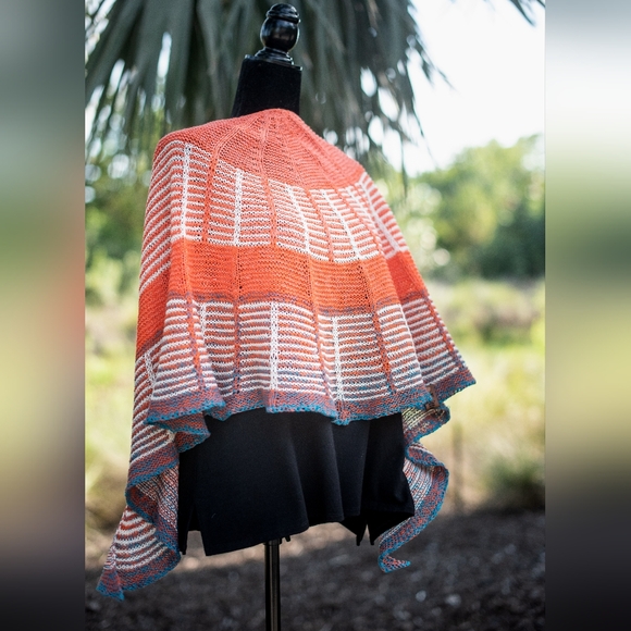 Hand Crafted OOAK Avantgarde Boho Striped Cotton Orange Blue Summer Knit Shawl - Picture 9 of 15